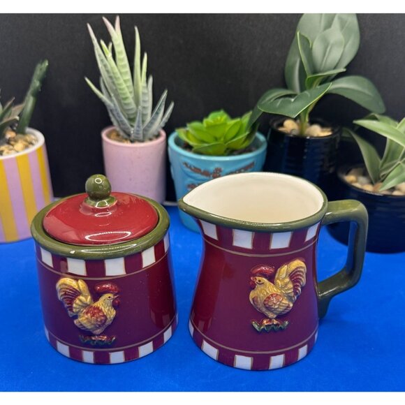 Park Designs Rise N Shine Ceramic Rooster Creamer & Sugar Bowl Set - AS IS - Picture 2 of 7